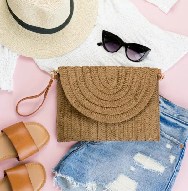 Beach Bungalow Fold Over Straw Clutch