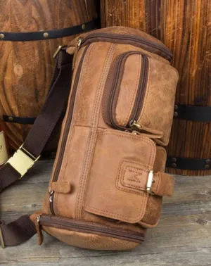 Brown Leather Barrel Fanny Pack Mens 8 inches Waist Bag Hip Pack Belt Bags Bumbags for Men