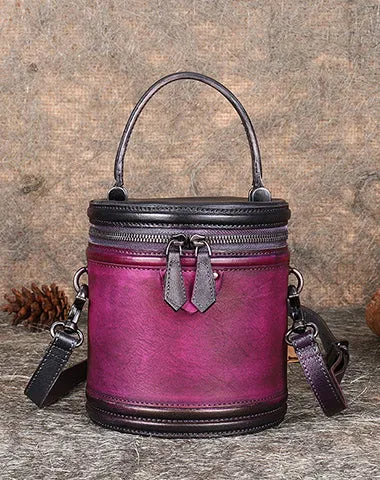 Brown Leather Womens Bucket Handbag Barrel Shoulder Bag Crossbody Purse for Ladies