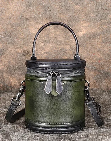 Brown Leather Womens Bucket Handbag Barrel Shoulder Bag Crossbody Purse for Ladies