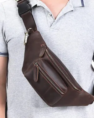 Brown MENS LEATHER FANNY PACK BUMBAG Hip Pack Brown Leather WAIST BAGS for Men