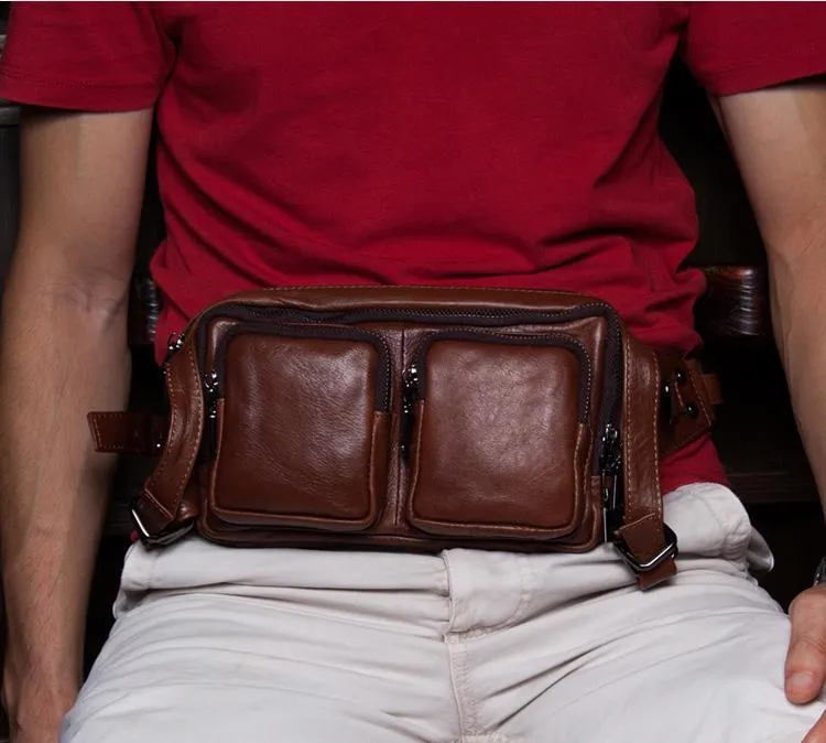 Brown Mens Leather Fanny Pack Cool Waist Bag Hip Pack Black Belt Bag Bumbag for Men