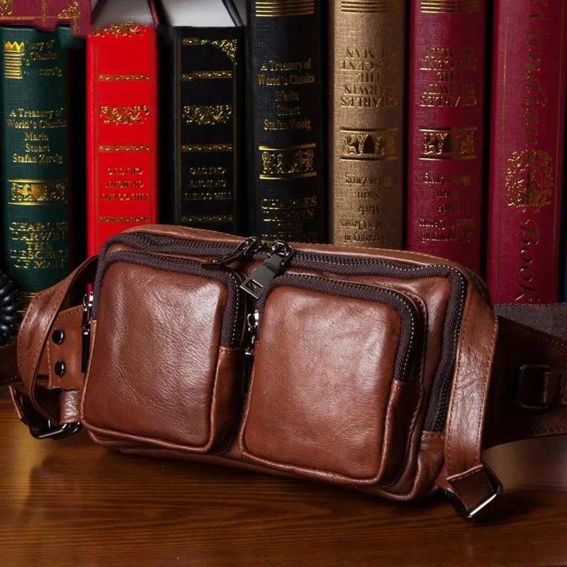 Brown Mens Leather Fanny Pack Cool Waist Bag Hip Pack Black Belt Bag Bumbag for Men