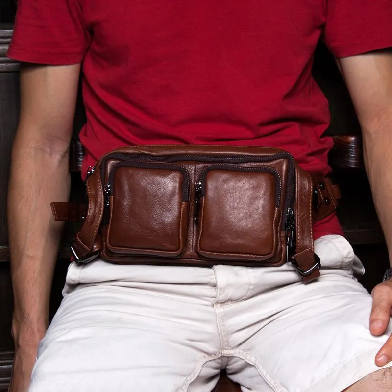 Brown Mens Leather Fanny Pack Cool Waist Bag Hip Pack Black Belt Bag Bumbag for Men