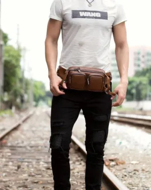 Brown Mens Leather Fanny Pack Cool Waist Bag Hip Pack Black Belt Bag Bumbag for Men