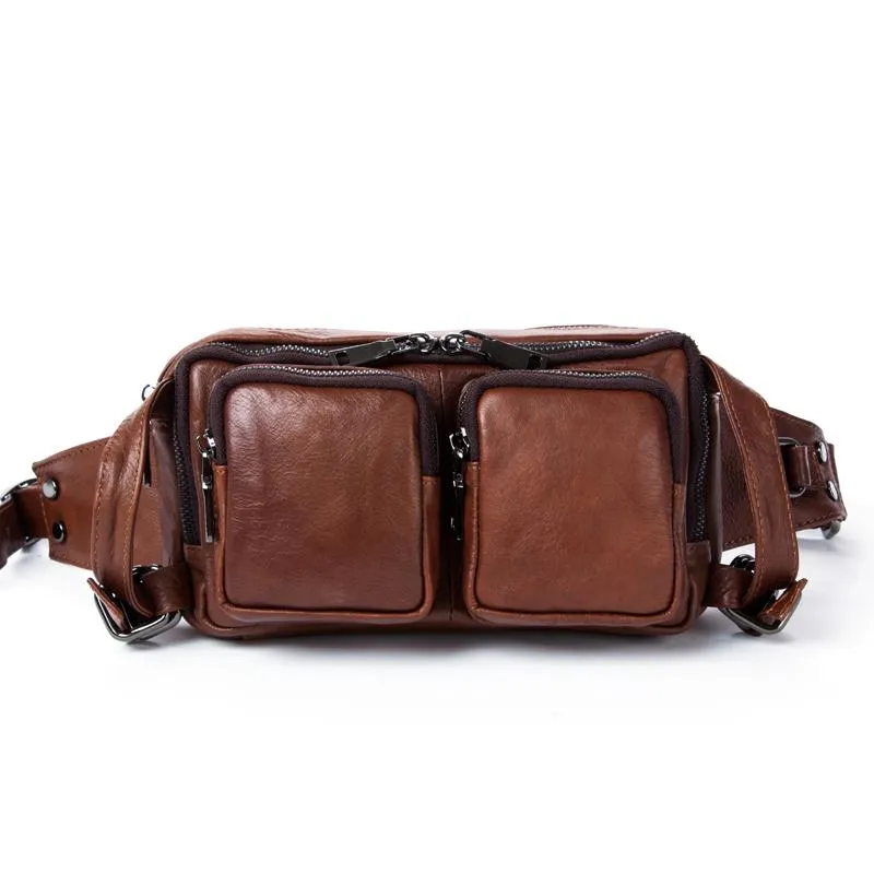 Brown Mens Leather Fanny Pack Cool Waist Bag Hip Pack Black Belt Bag Bumbag for Men