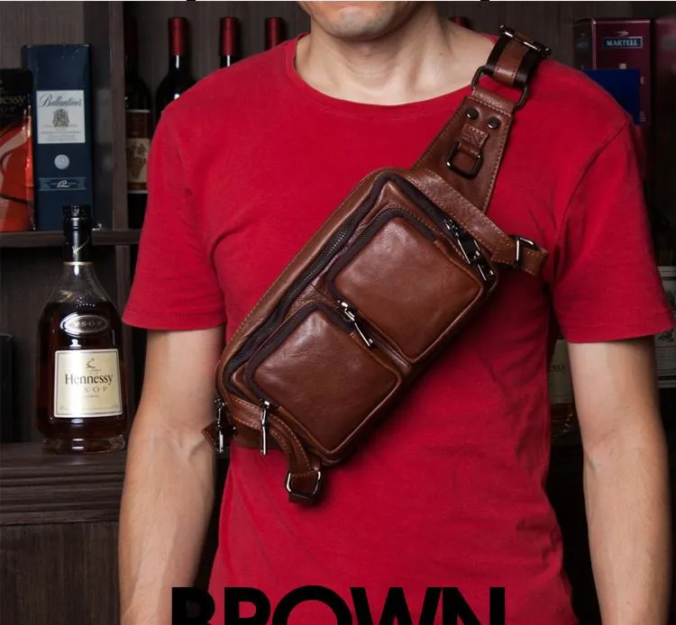 Brown Mens Leather Fanny Pack Cool Waist Bag Hip Pack Black Belt Bag Bumbag for Men