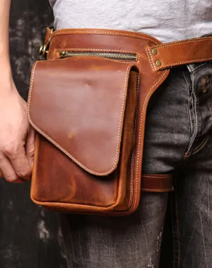 Brown MENS LEATHER FANNY PACK FOR MEN Coffee Drop Leg Bag BUMBAG WAIST BAGS