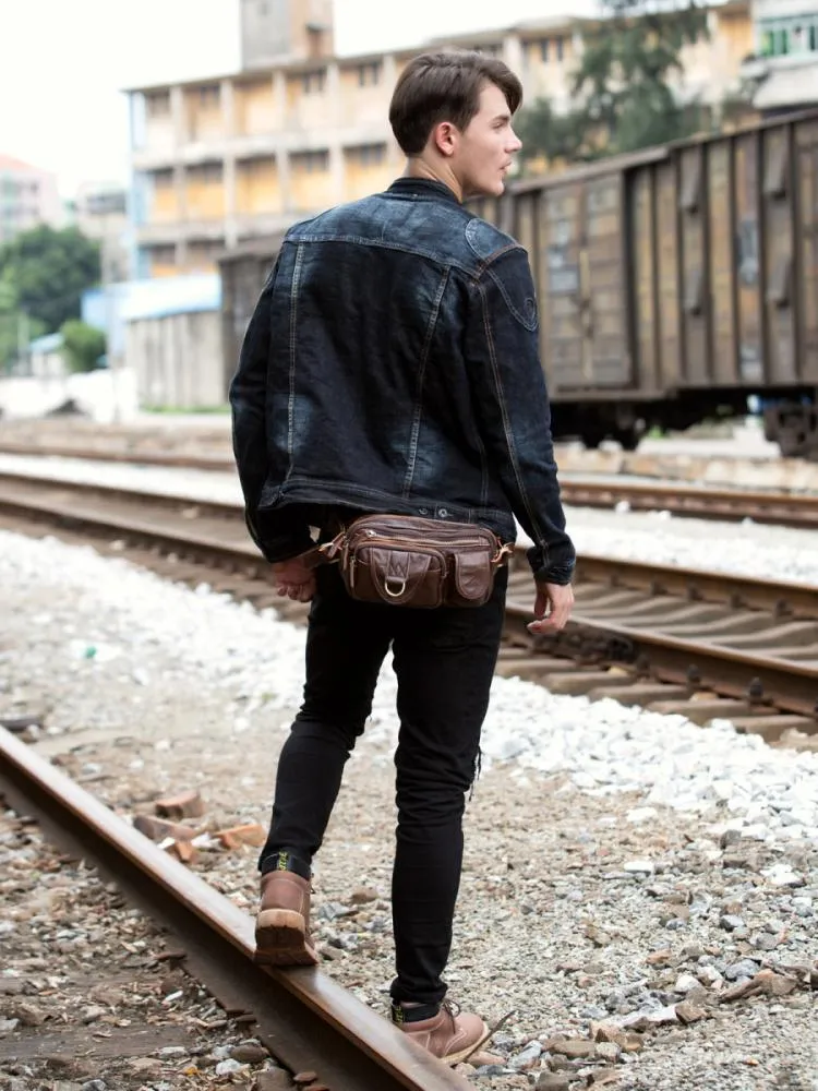 Brown Mens Leather Fanny Pack Waist Bag Hip Pack Black Belt Bag Bumbag for Men