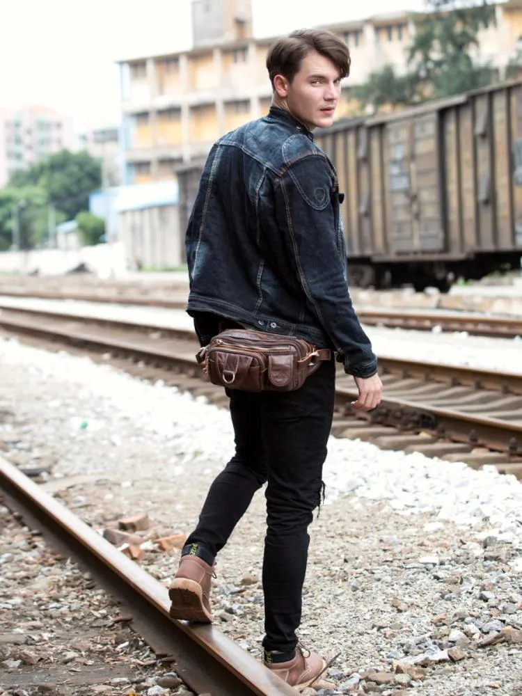 Brown Mens Leather Fanny Pack Waist Bag Hip Pack Black Belt Bag Bumbag for Men