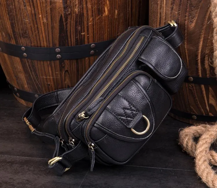 Brown Mens Leather Fanny Pack Waist Bag Hip Pack Black Belt Bag Bumbag for Men