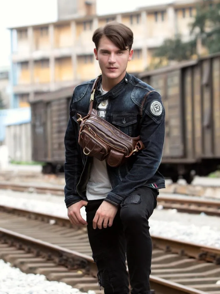 Brown Mens Leather Fanny Pack Waist Bag Hip Pack Black Belt Bag Bumbag for Men