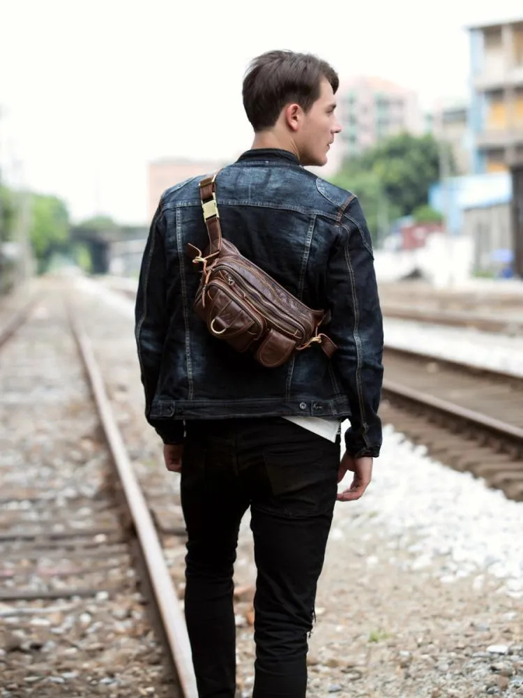 Brown Mens Leather Fanny Pack Waist Bag Hip Pack Black Belt Bag Bumbag for Men