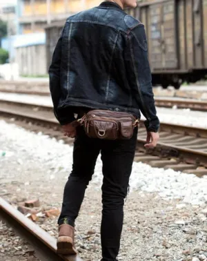 Brown Mens Leather Fanny Pack Waist Bag Hip Pack Black Belt Bag Bumbag for Men