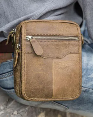 Brown Mens Leather Small Belt Pouch Mens Waist Bag Side Bag Mini Messenger Bag Phone Bag for Men