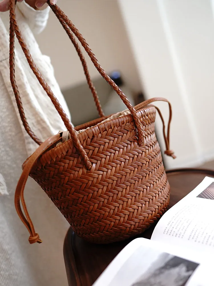 Brown Womens Braided Leather Bucket Purse Womens Braided Shoulder Bag for Ladies