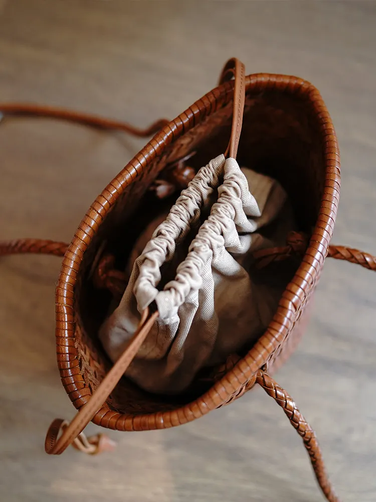 Brown Womens Braided Leather Bucket Purse Womens Braided Shoulder Bag for Ladies