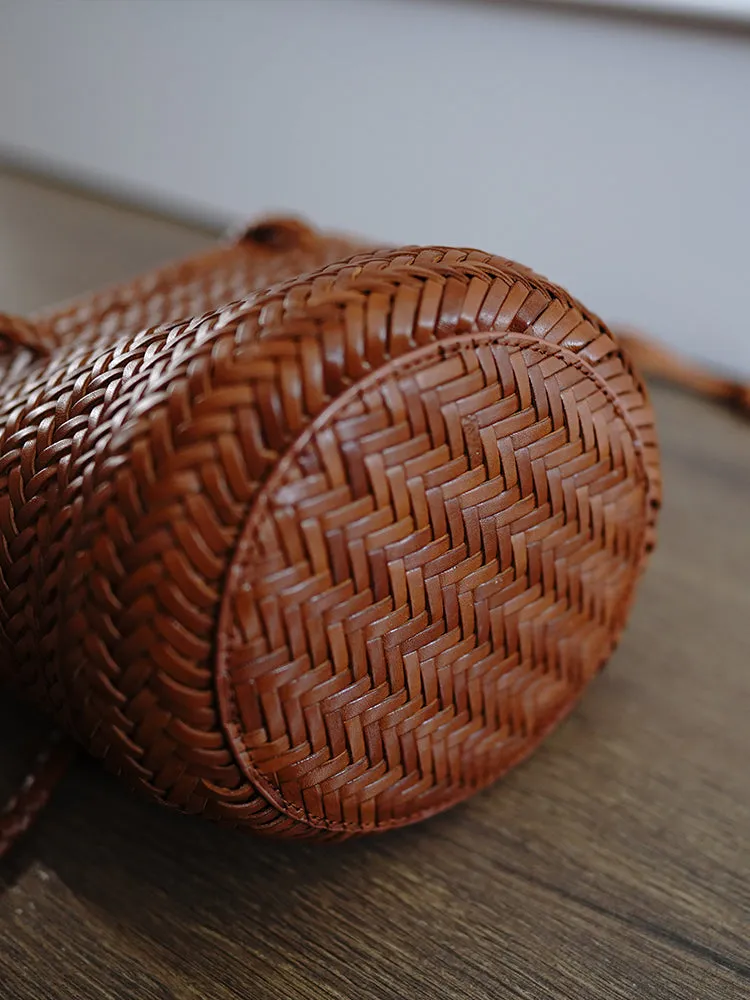 Brown Womens Braided Leather Shoulder Bag Womens Braided Bucket Purse for Ladies
