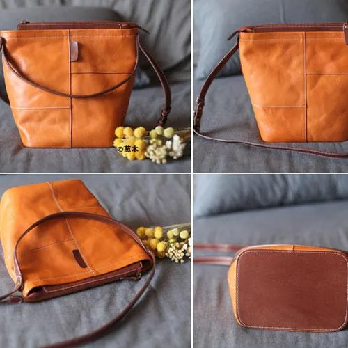 Brown Womens Leather Bucket Handbag Purse Handbag Barrel Handbag Shoulder Bag for Ladies