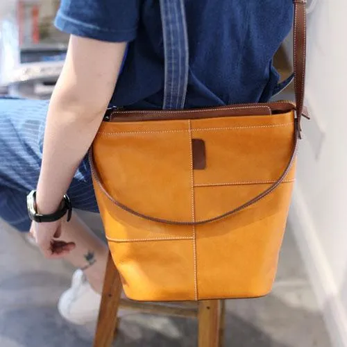 Brown Womens Leather Bucket Handbag Purse Handbag Barrel Handbag Shoulder Bag for Ladies