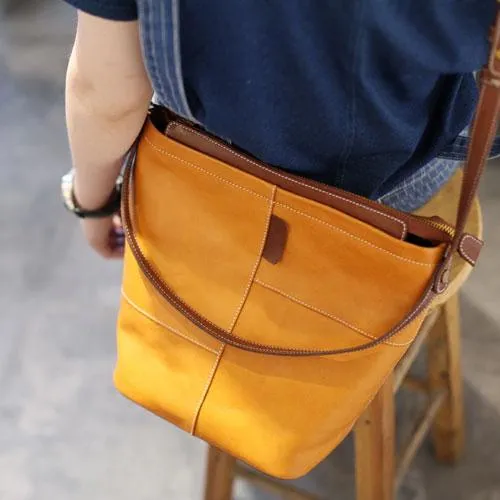 Brown Womens Leather Bucket Handbag Purse Handbag Barrel Handbag Shoulder Bag for Ladies