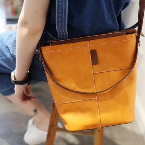 Brown Womens Leather Bucket Handbag Purse Handbag Barrel Handbag Shoulder Bag for Ladies