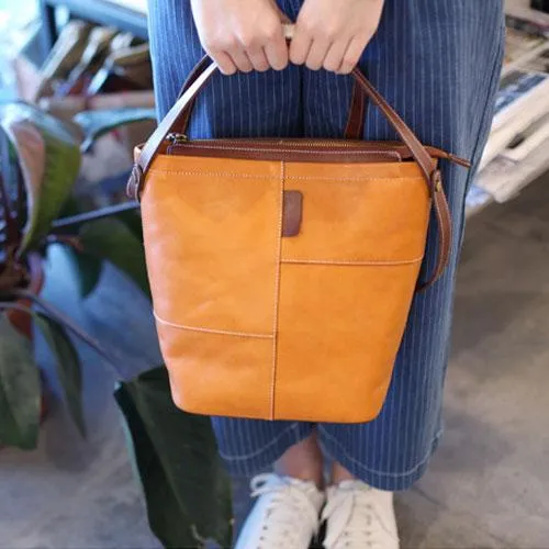 Brown Womens Leather Bucket Handbag Purse Handbag Barrel Handbag Shoulder Bag for Ladies