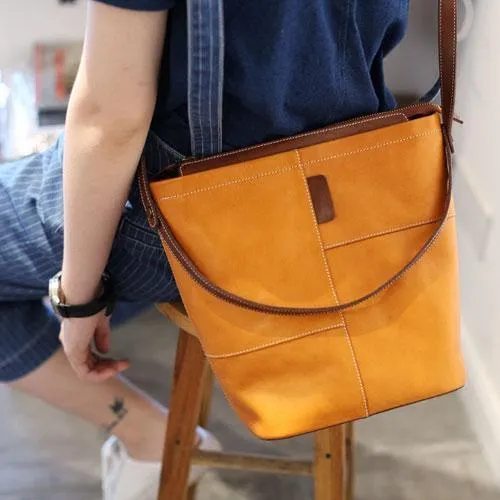 Brown Womens Leather Bucket Handbag Purse Handbag Barrel Handbag Shoulder Bag for Ladies