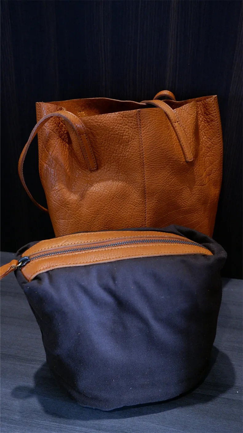 Brown Womens Leather Bucket Tote Purse Womens Barrel Tote Shoulder Bag for Ladies