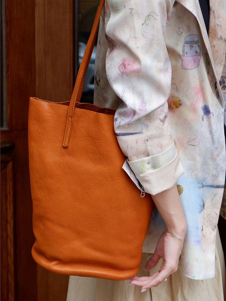 Brown Womens Leather Bucket Tote Purse Womens Barrel Tote Shoulder Bag for Ladies