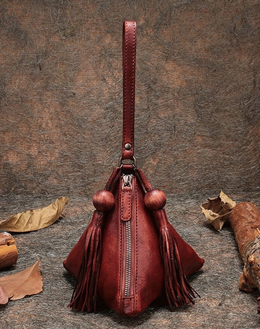 Brown Womens Leather Clutch Wallet Zipper Wristlet Wallet Pyramid Shape Purse for Ladies