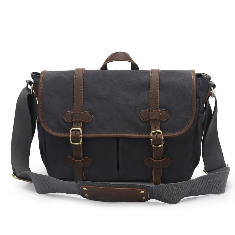 Canvas Leather Mens Womens 14" Side Bag Khaki Messenger Bag Shoulder Bag Handbag for Men