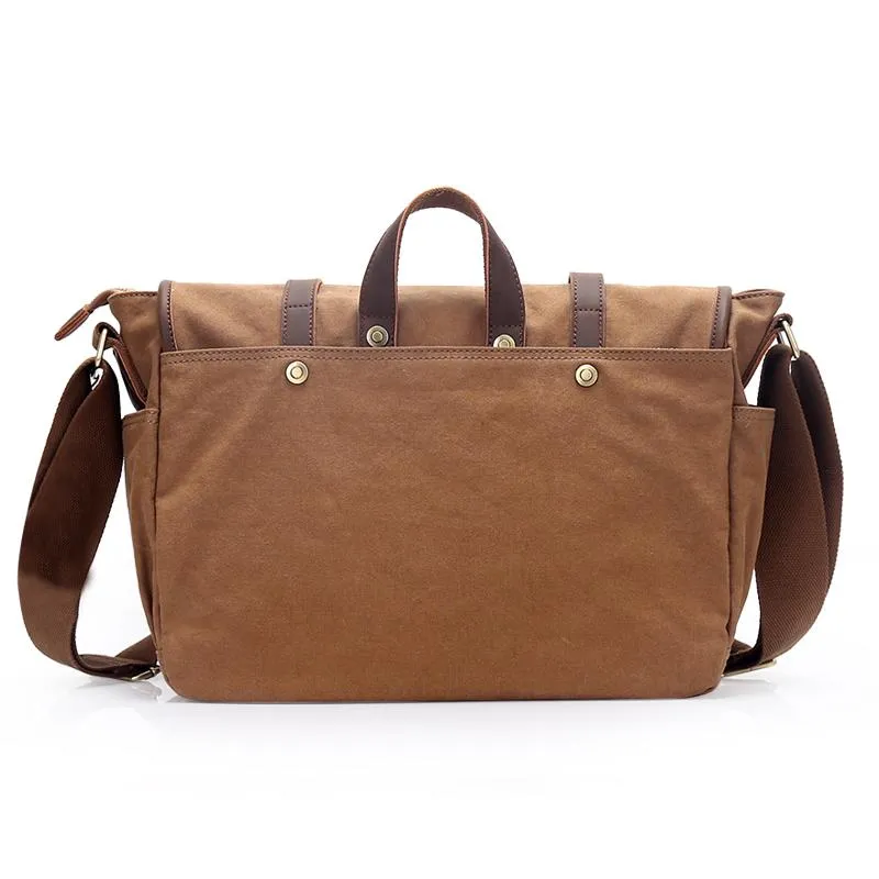 Canvas Leather Mens Womens 14" Side Bag Khaki Messenger Bag Shoulder Bag Handbag for Men