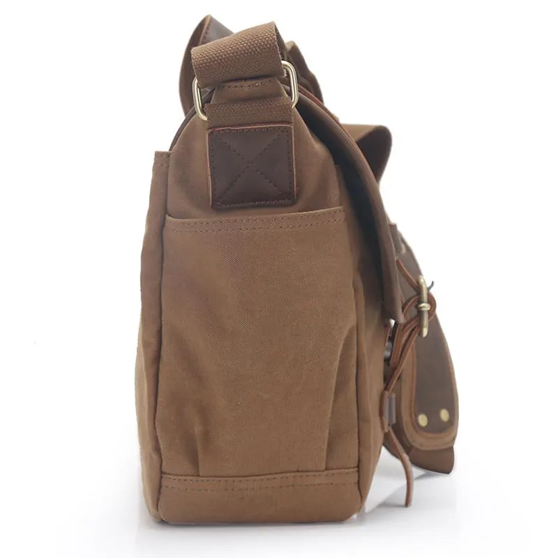 Canvas Leather Mens Womens 14" Side Bag Khaki Messenger Bag Shoulder Bag Handbag for Men