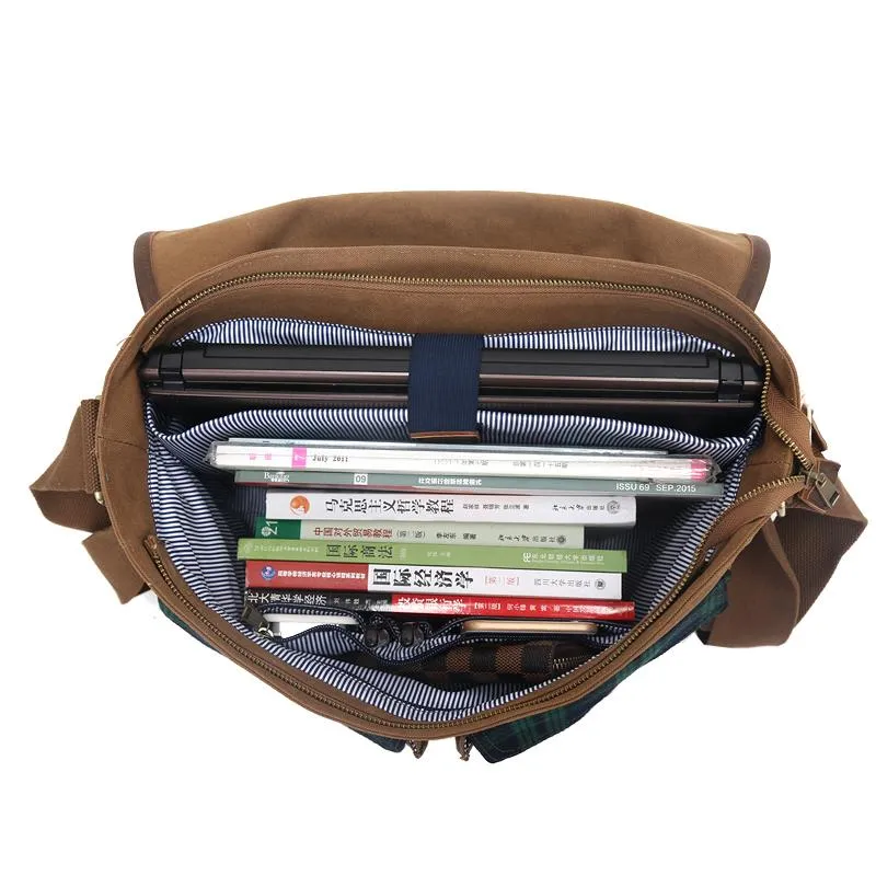 Canvas Leather Mens Womens 14" Side Bag Khaki Messenger Bag Shoulder Bag Handbag for Men