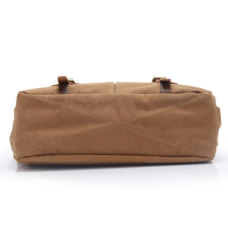 Canvas Leather Mens Womens 14" Side Bag Khaki Messenger Bag Shoulder Bag Handbag for Men