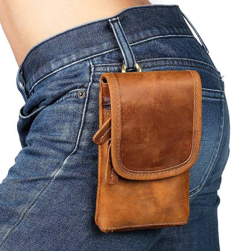 Casual  Brown Leather Cell Phone HOLSTER Belt Pouch for Men Waist Bags BELT BAG For Men
