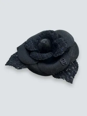 Chanel Black Fabric Camelia Brooch