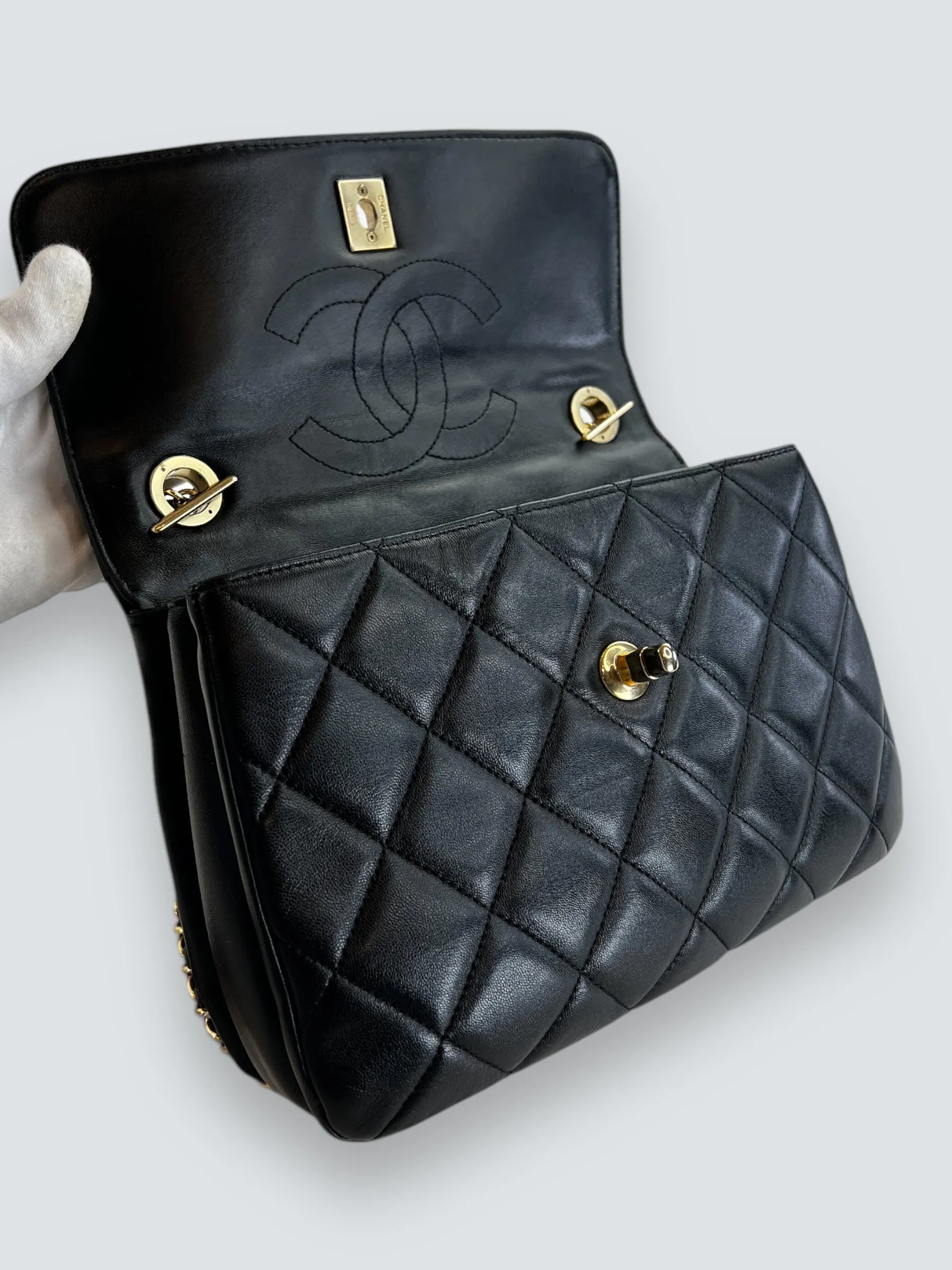 Chanel Black Lambskin Leather Top Handle "Trendy" Shoulder Bag