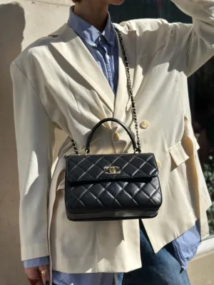 Chanel Black Lambskin Leather Top Handle "Trendy" Shoulder Bag