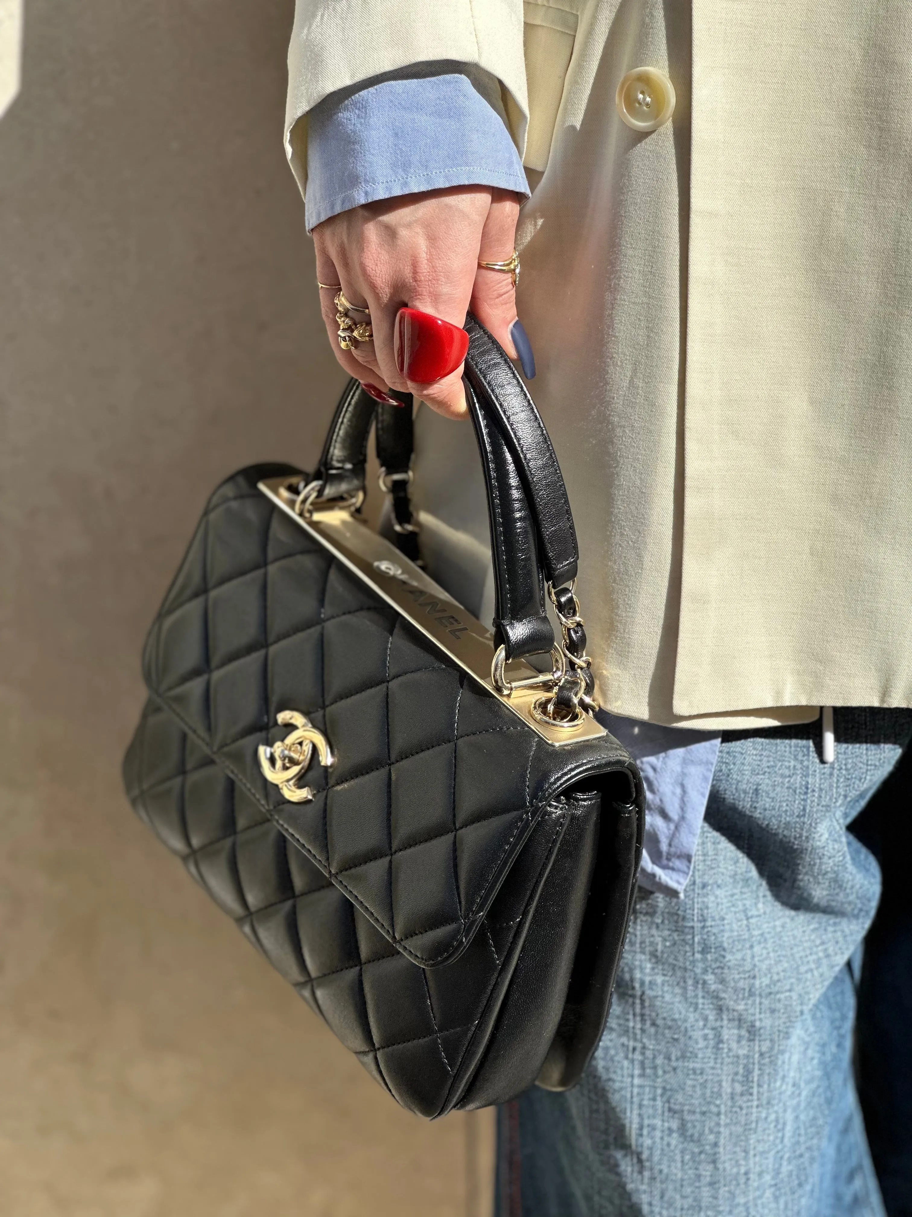Chanel Black Lambskin Leather Top Handle "Trendy" Shoulder Bag