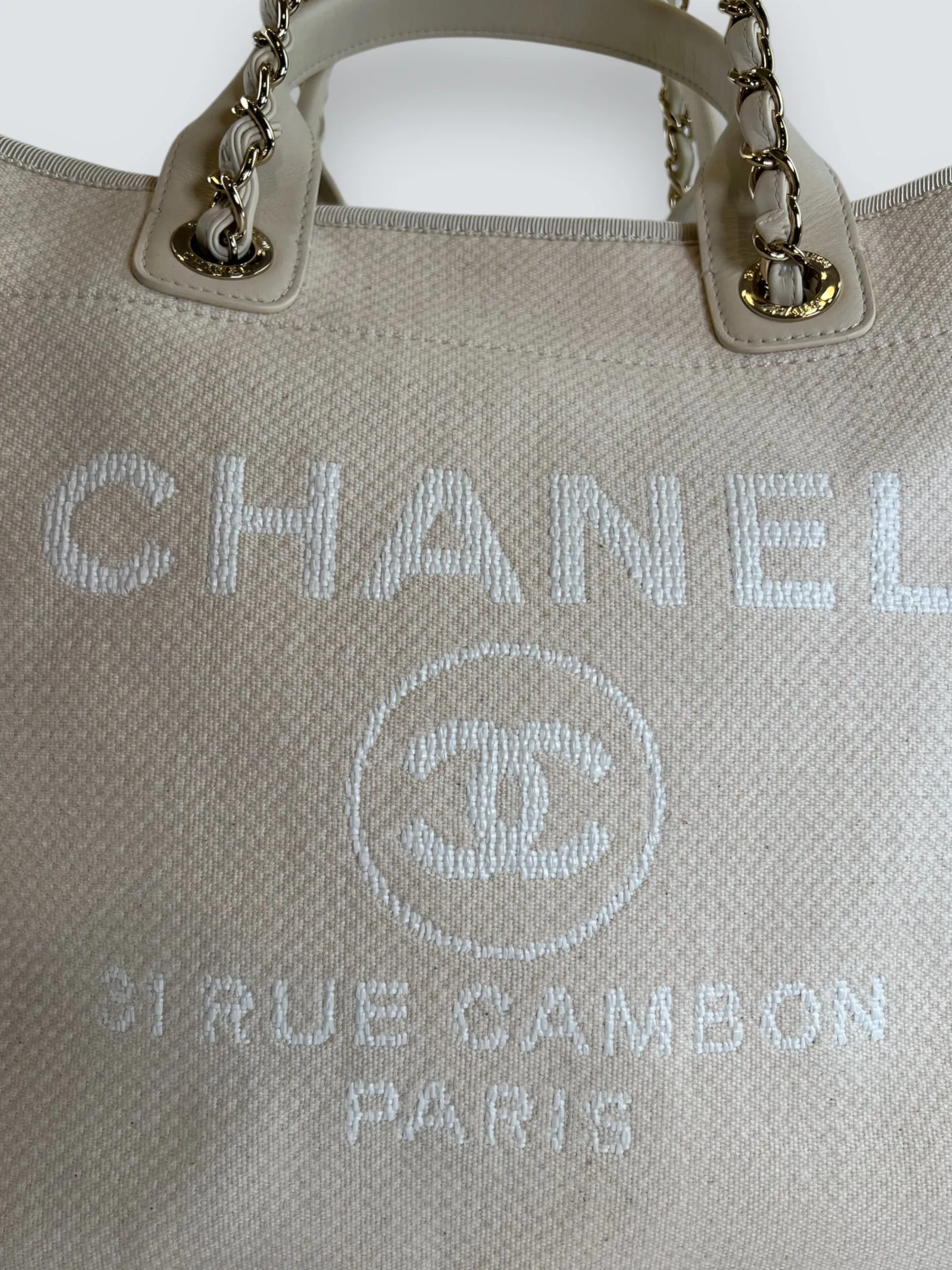 Chanel Cream Leather & Canvas Deauville Tote