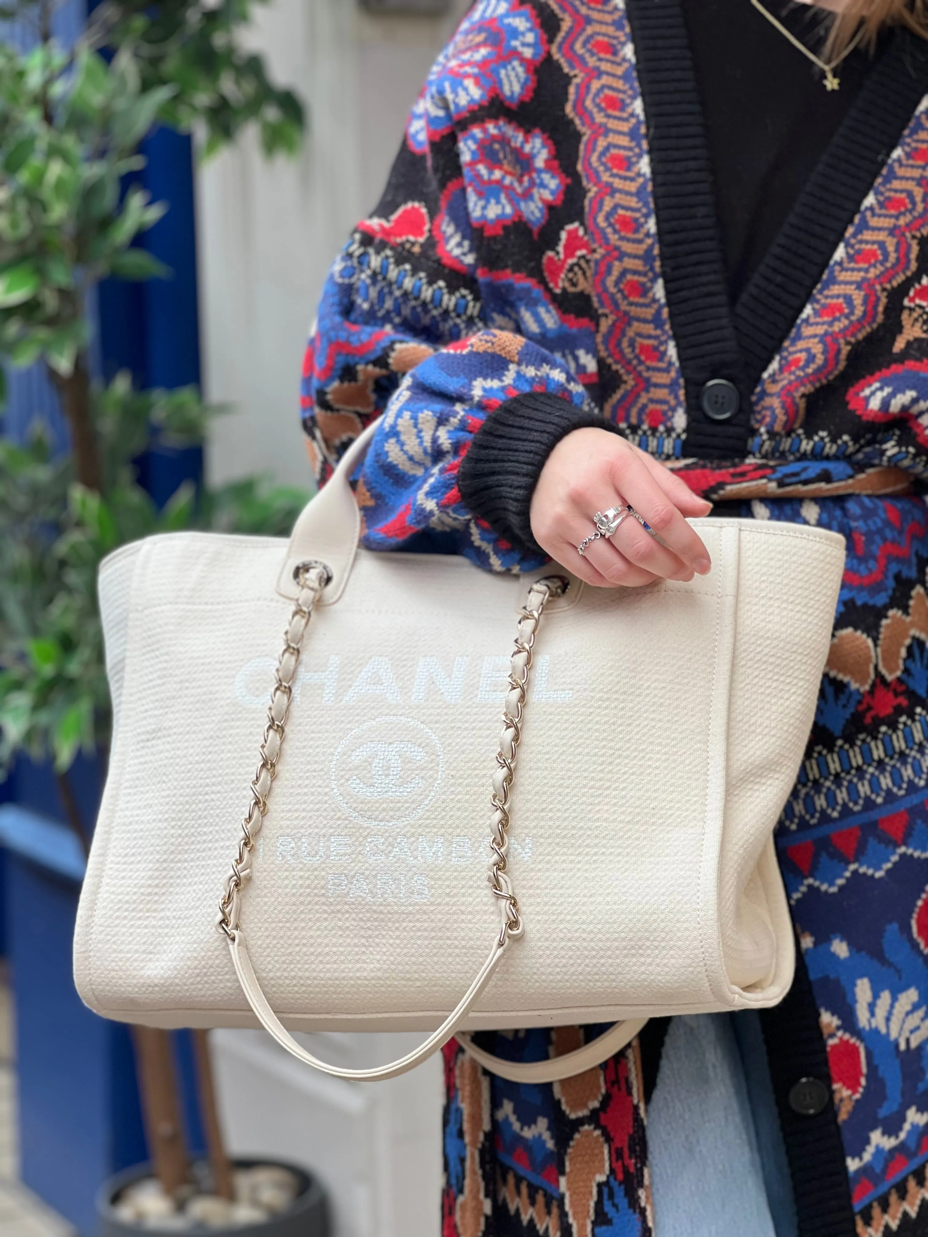 Chanel Cream Leather & Canvas Deauville Tote