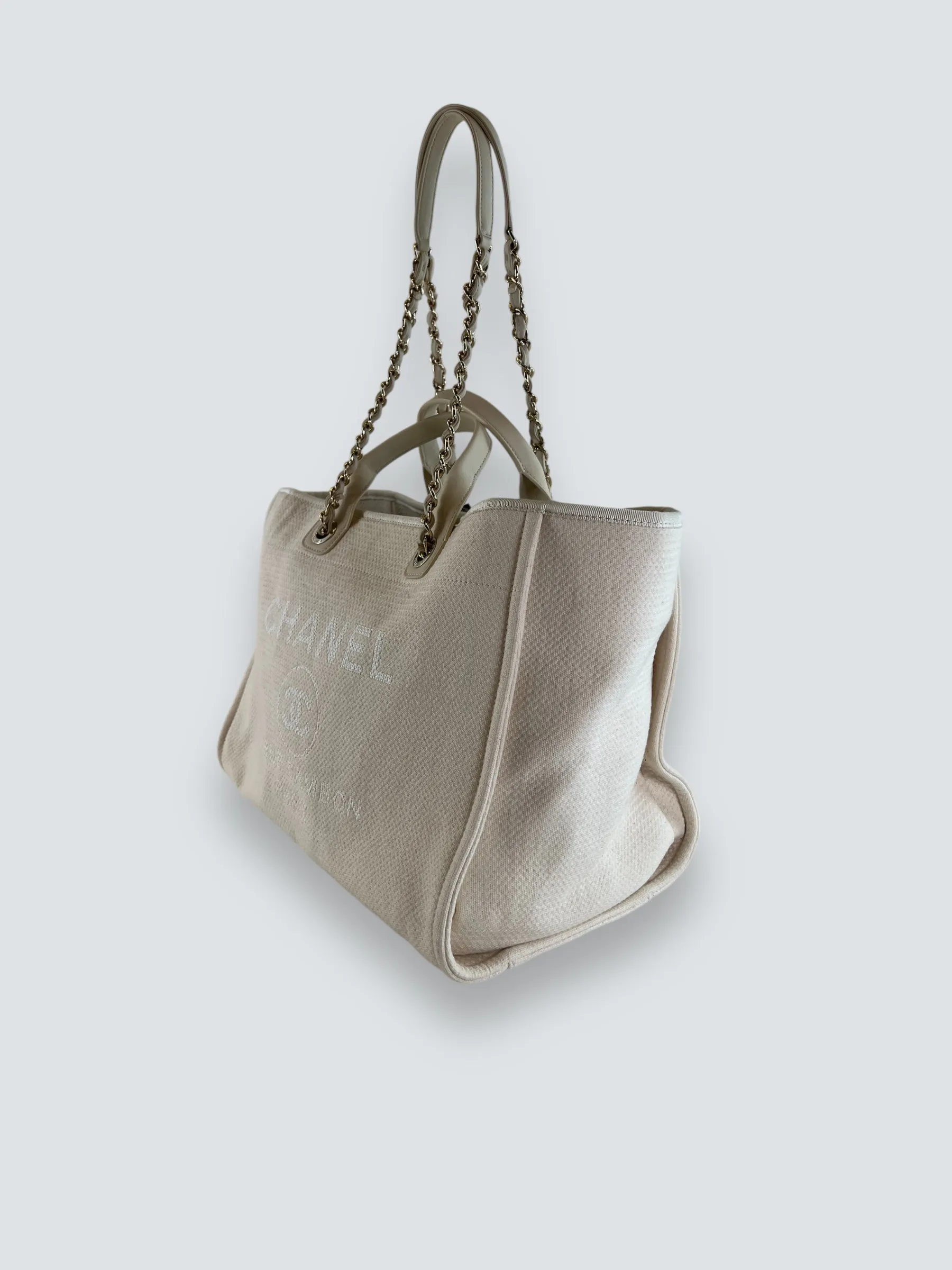 Chanel Cream Leather & Canvas Deauville Tote