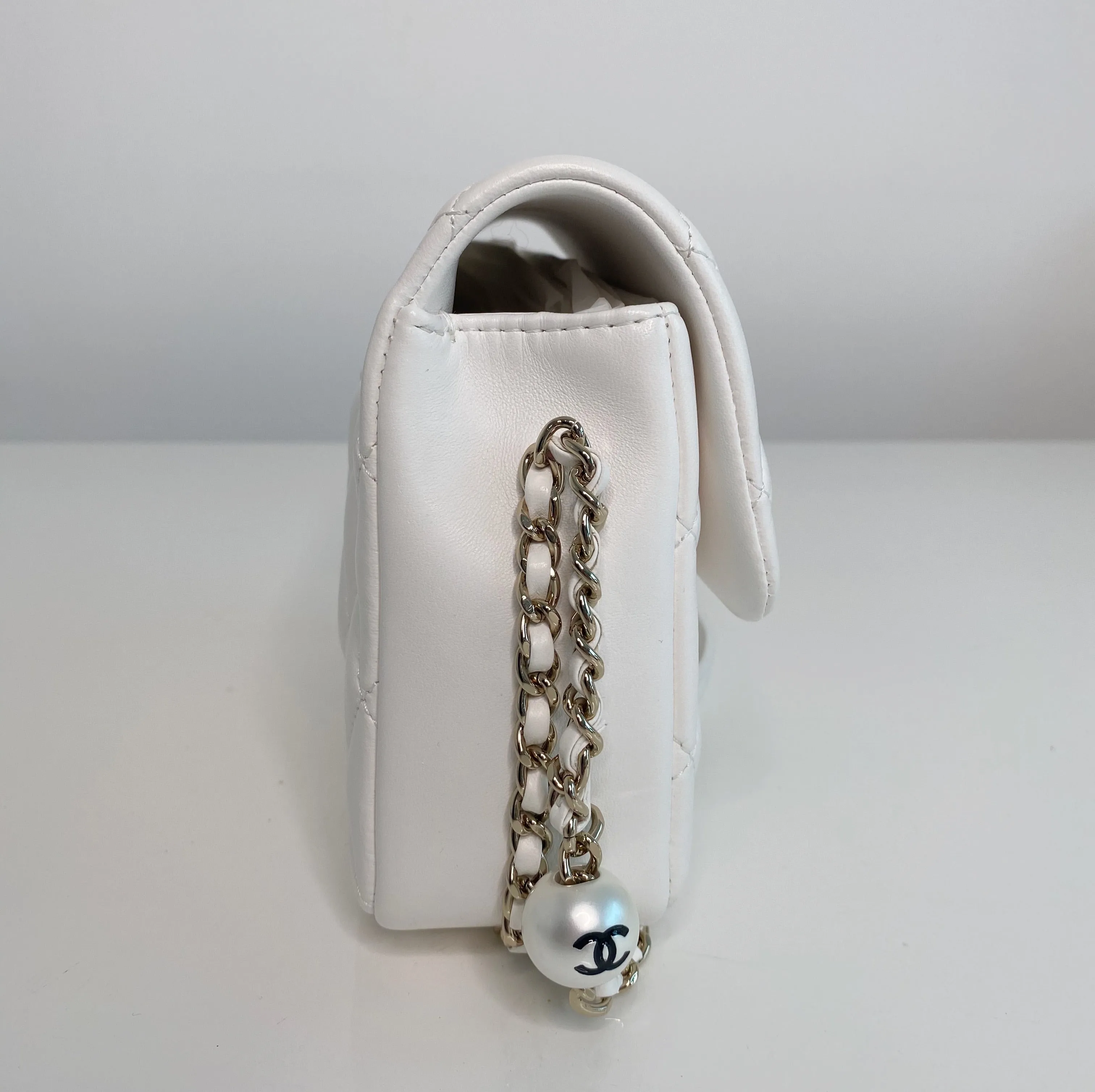 Chanel Pearl Logo Strap Flap Bag White