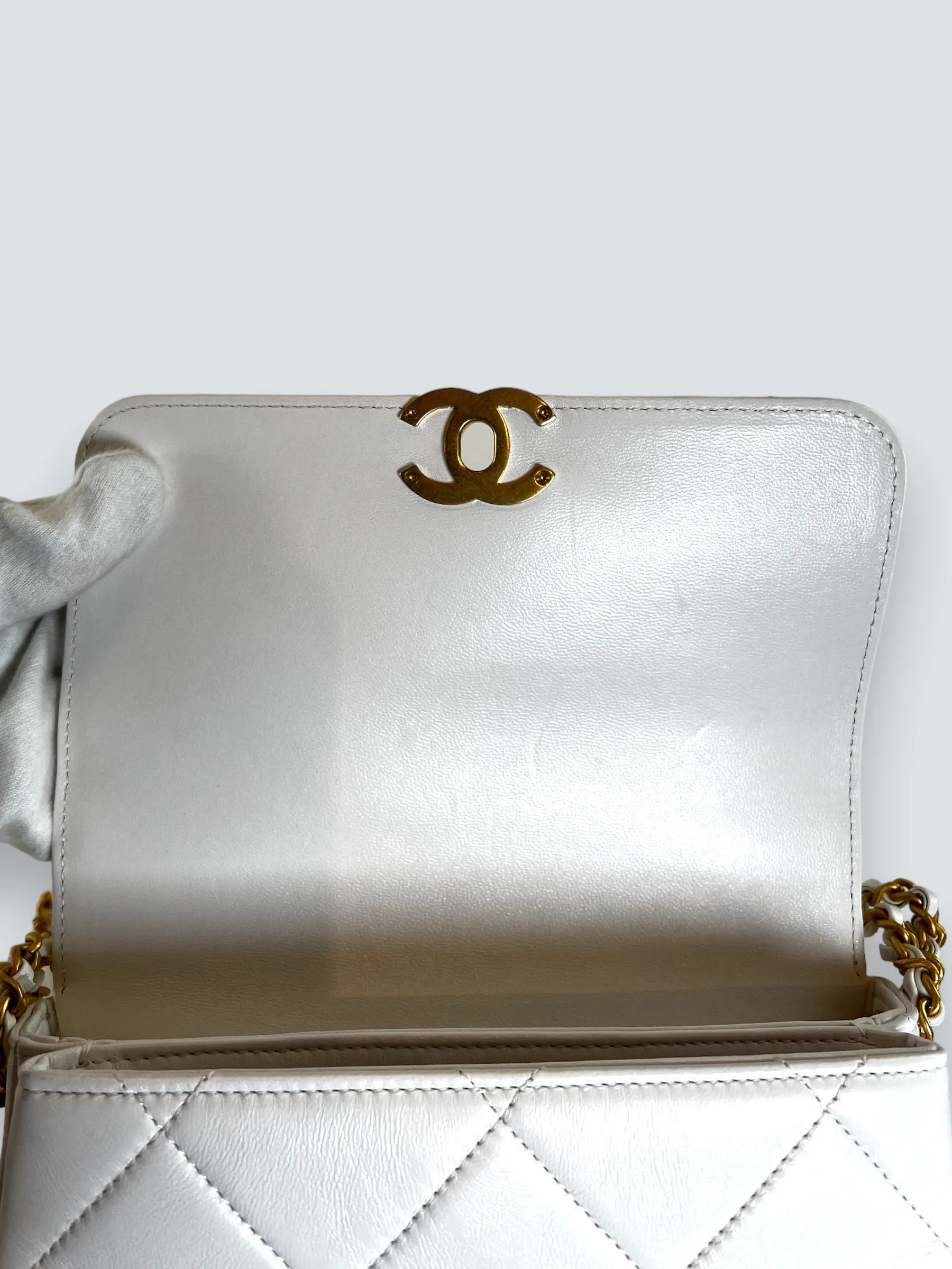 Chanel White Lambskin Leather CC Mini Flap