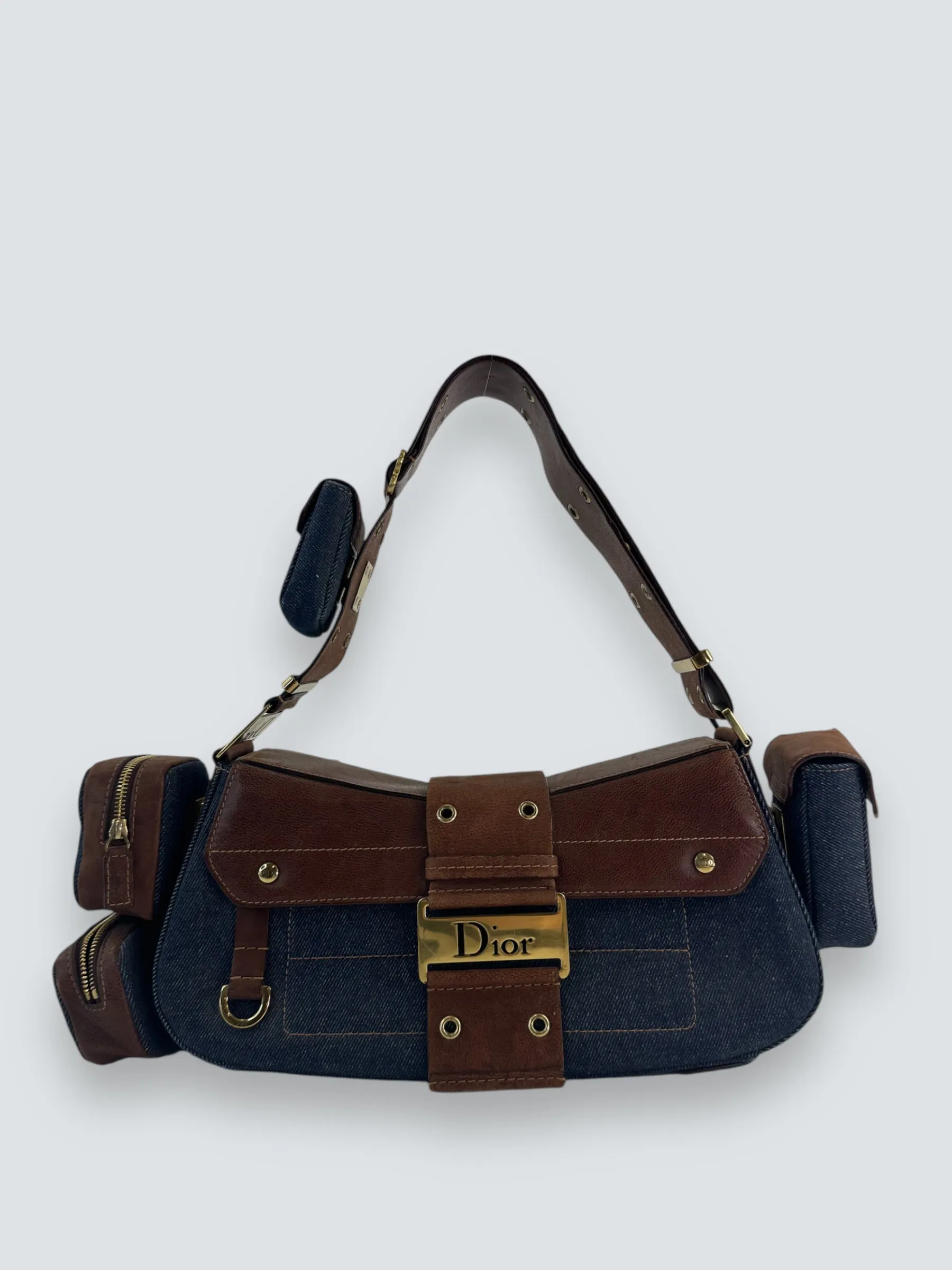 Christian Dior Denim & Brown Leather Columbus Shoulder Bag