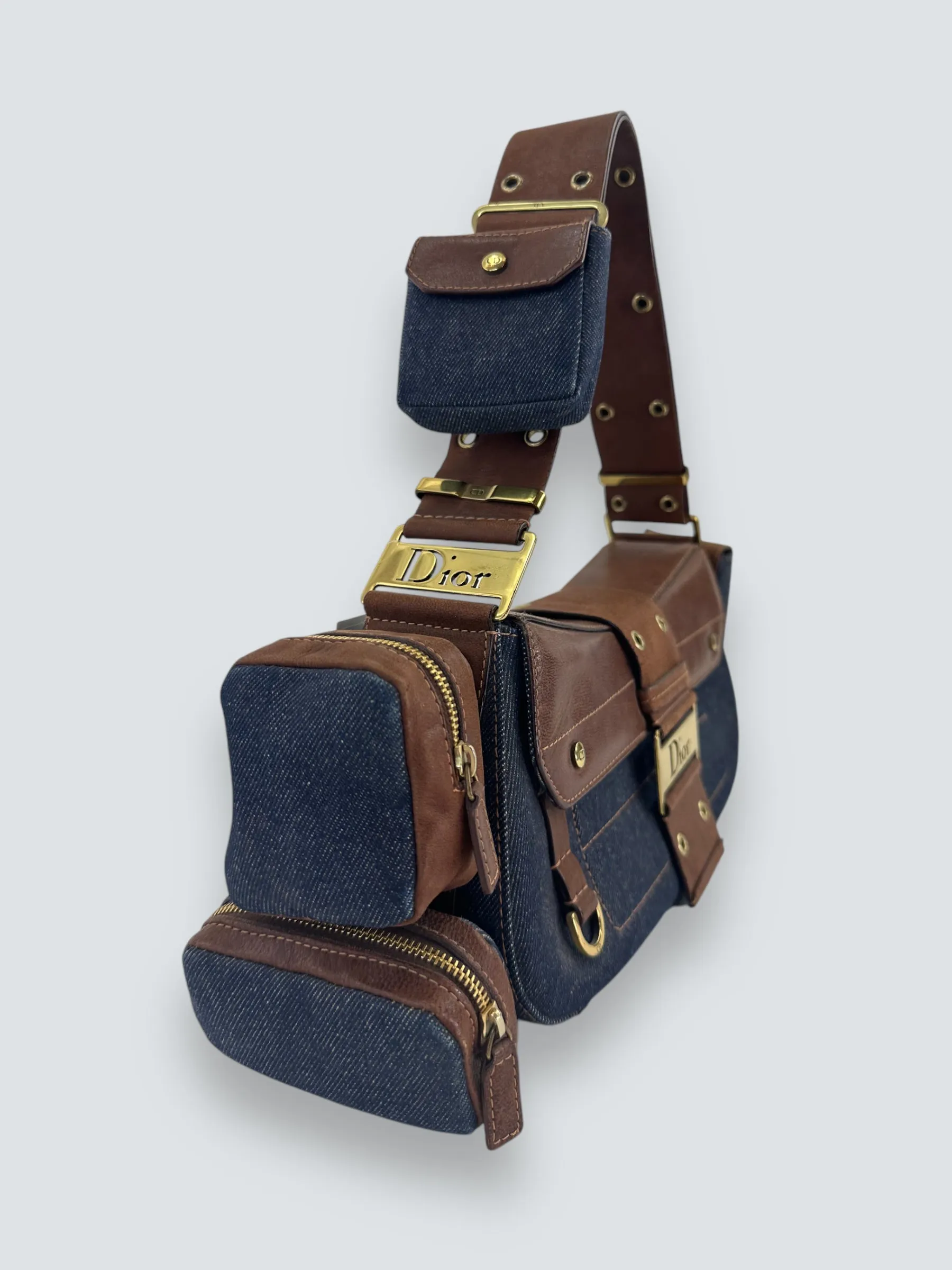 Christian Dior Denim & Brown Leather Columbus Shoulder Bag
