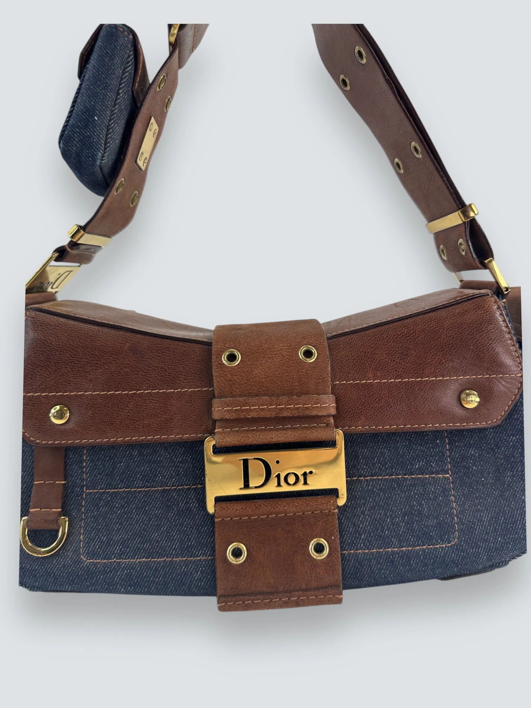 Christian Dior Denim & Brown Leather Columbus Shoulder Bag