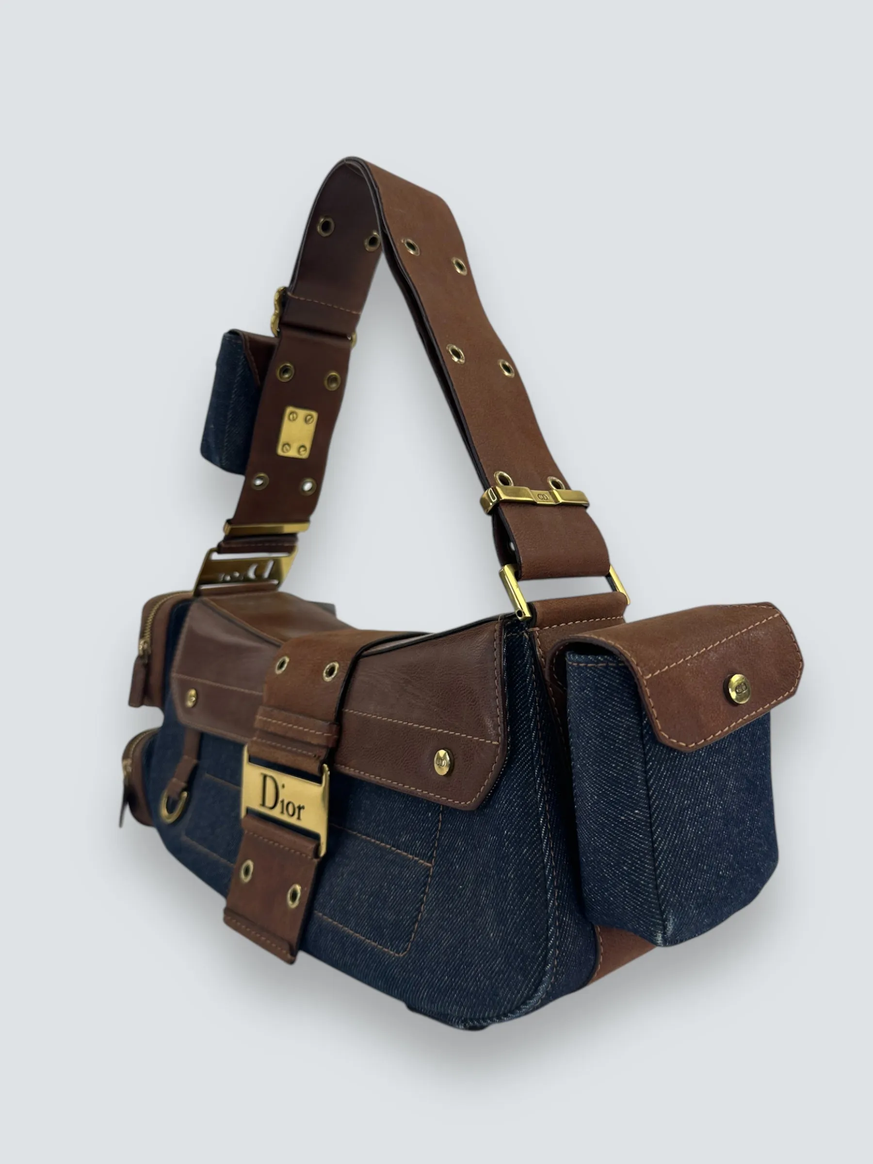 Christian Dior Denim & Brown Leather Columbus Shoulder Bag